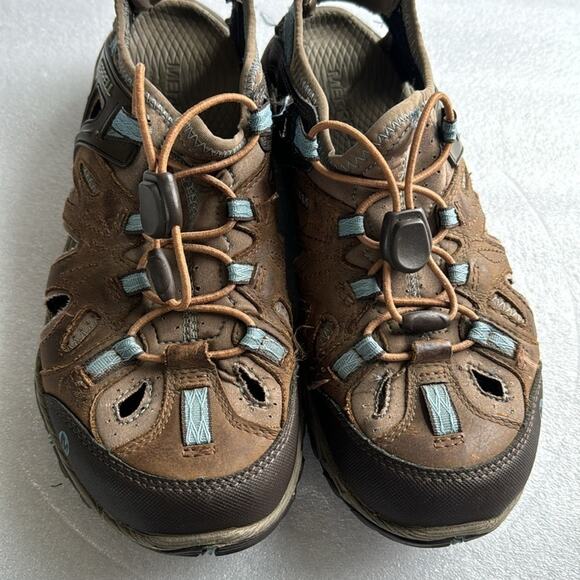 Merrell Vibram Water Shoes 8.5  Women’s Brown Blue Slip On Sandals Hike Camp - Picture 3 of 13
